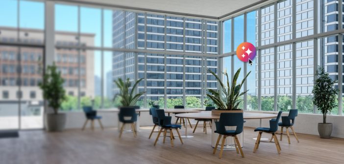 „SketchUp AI Render“ sugeneruota šviesi biuro erdvė su apvaliais stalais ir mėlynomis kėdėmis