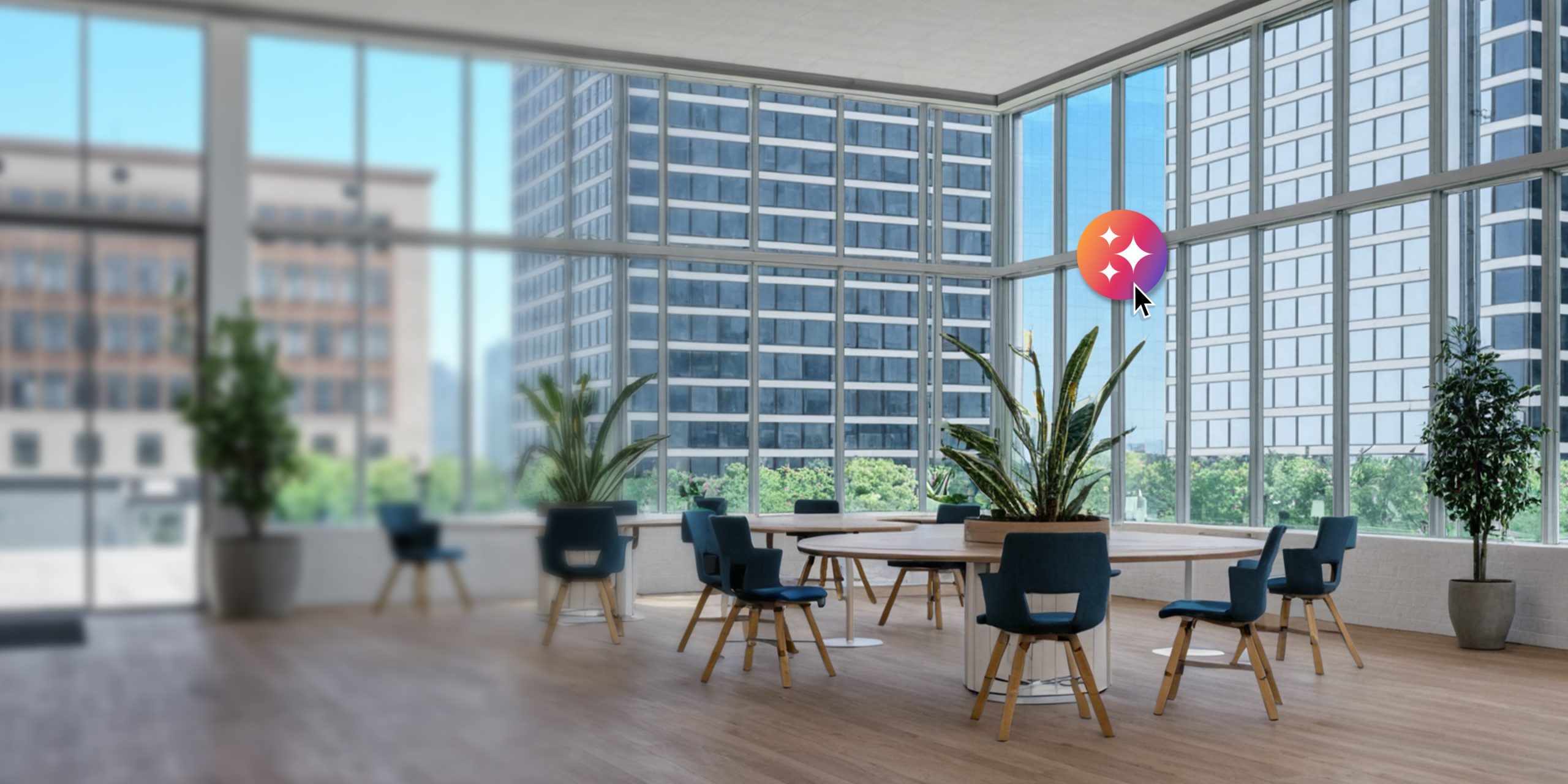 „SketchUp AI Render“ sugeneruota šviesi biuro erdvė su apvaliais stalais ir mėlynomis kėdėmis