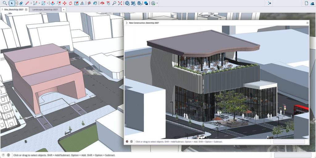 SketchUp 2027 kelių dokumentų sąsaja